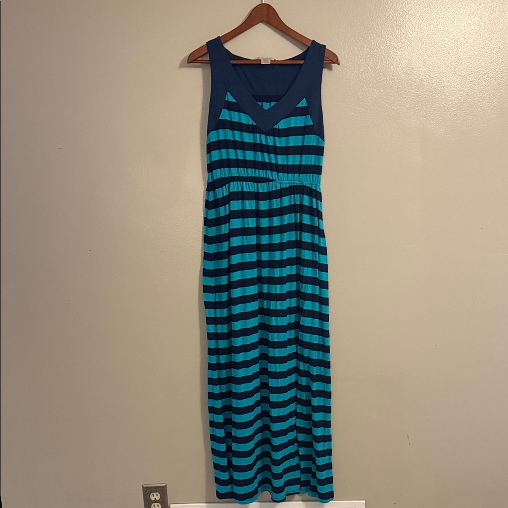 Striped Navy and Teal Sleeveless Maxi Dress